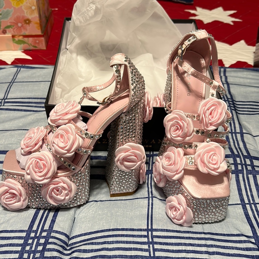 Pink Floral Jeweled Platform Heels
